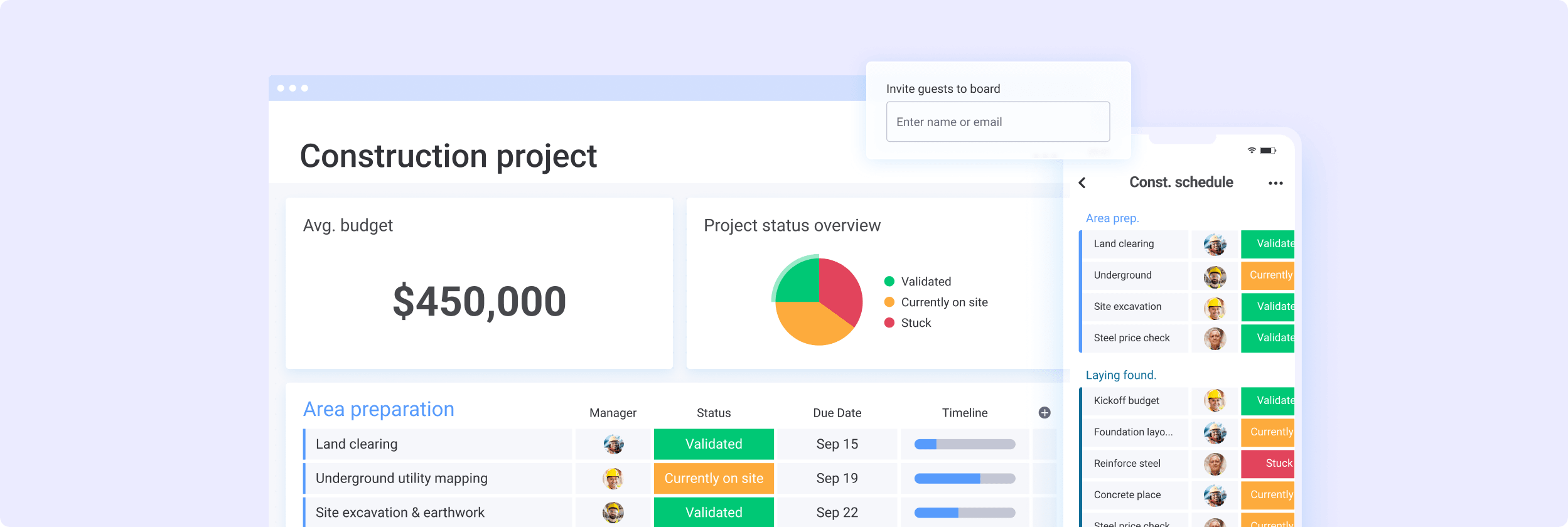 Bauprojekt-Dashboard und Bauzeitplan-Board in der mobilen App