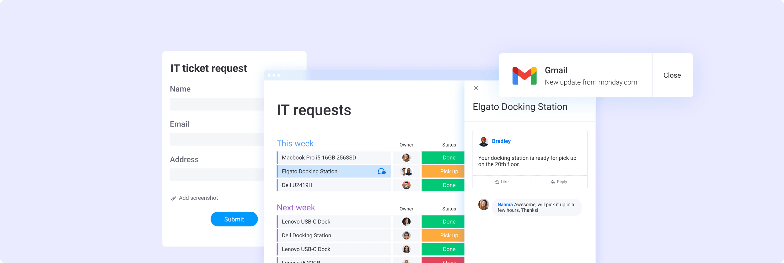 IT requests board with a request update and an IT ticket request form