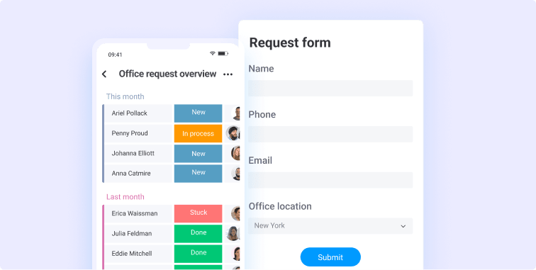 Office request overview dashboard, request form and event RSVP board shown in the mobile app