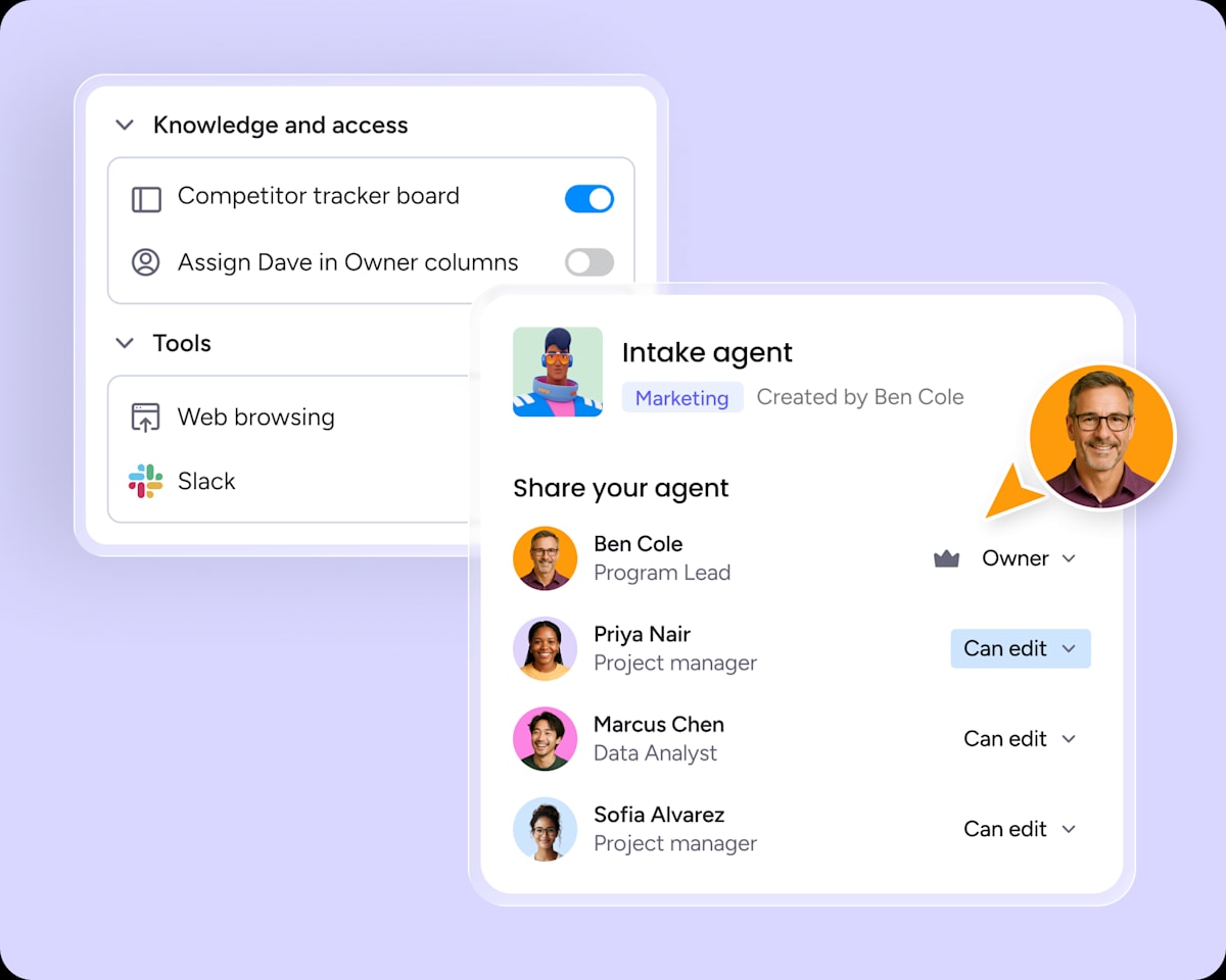 Agent permissions and sharing UI mockup — knowledge and access toggles, share-agent avatar list with roles