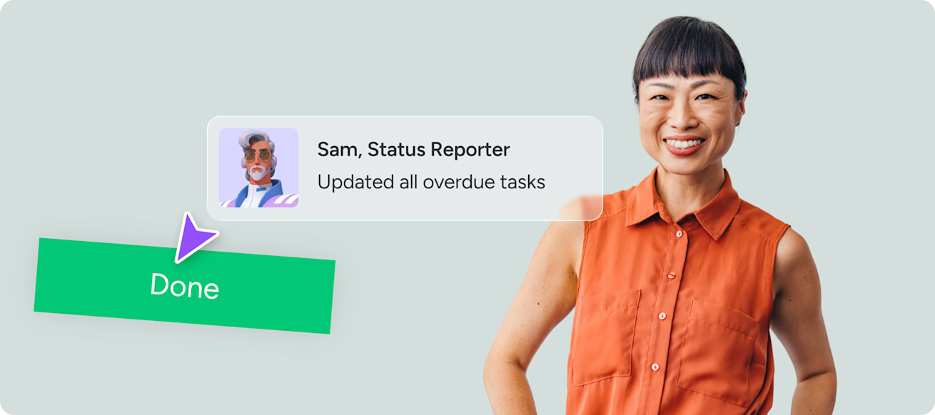 Woman smiling, with a floating 'Sam, Status Reporter — updated all overdue tasks' card and a green Done status tag overlay