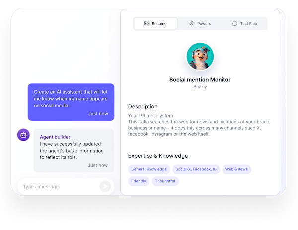 Taka agent builder interface showing custom agent creation