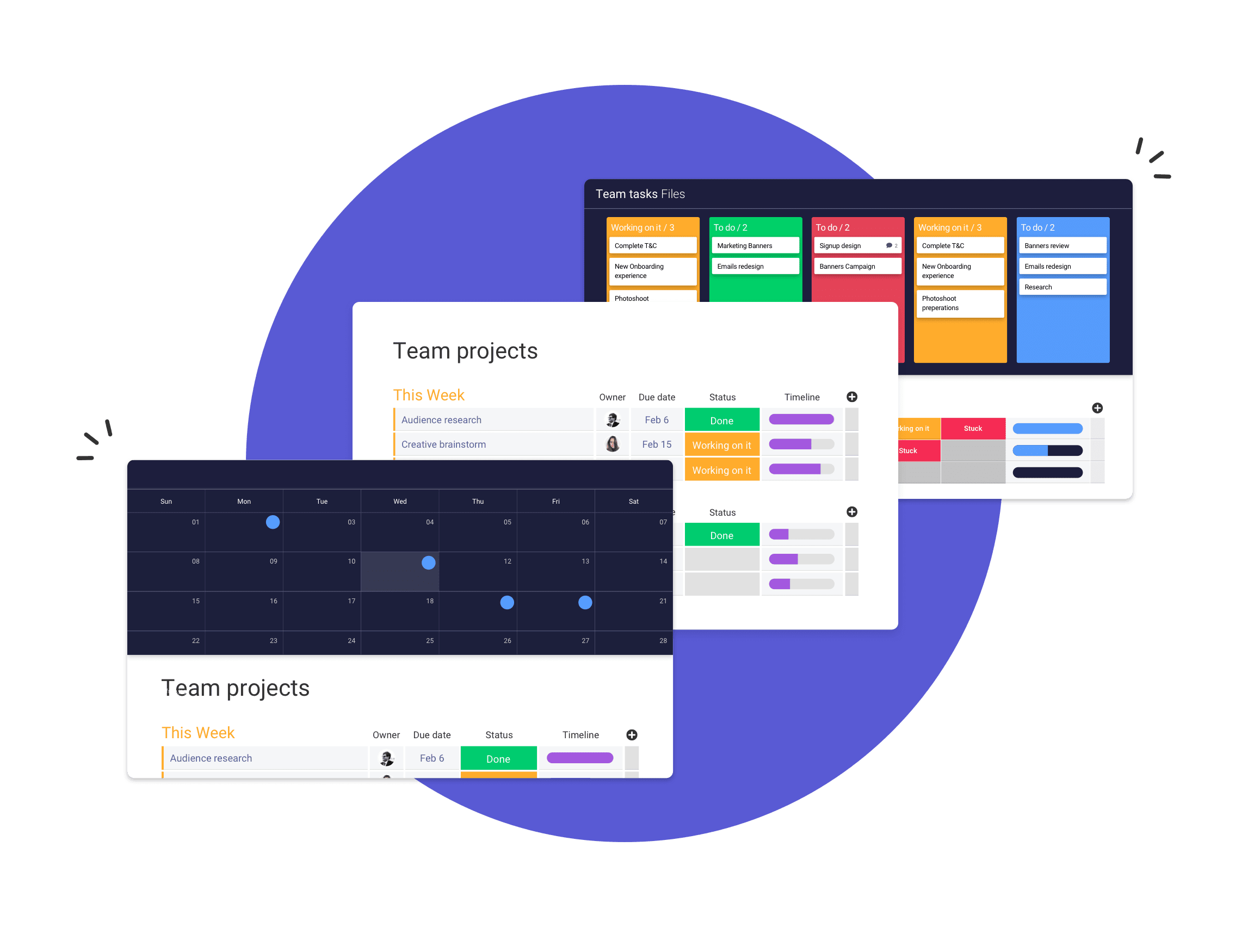 3 boards with kanban, team projects and calendar