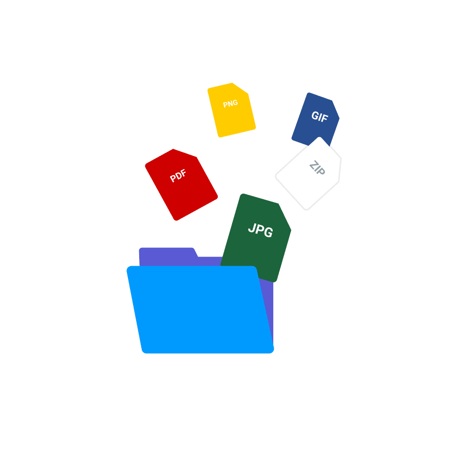 File folder with multi-colored pages flying out.