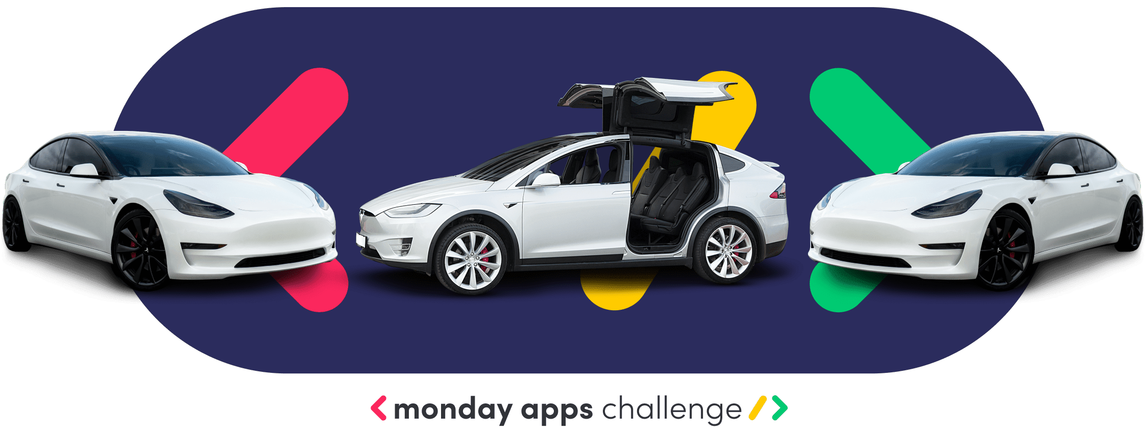 Three teslas positioned behind the monday.com apps logo