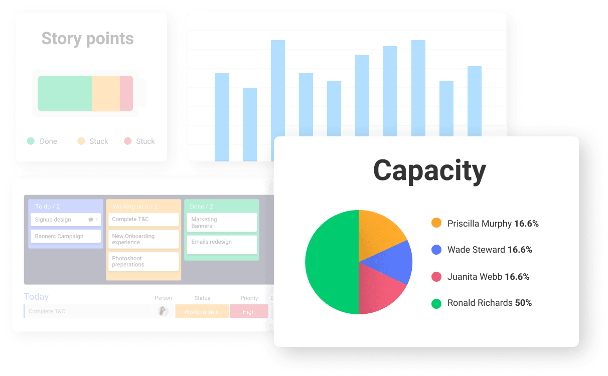 Capacity report, kanban, story points burnchart and bar chart