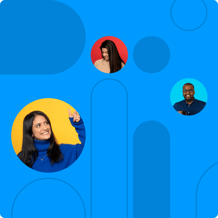 light blue background with dark blue components and images of happy faces