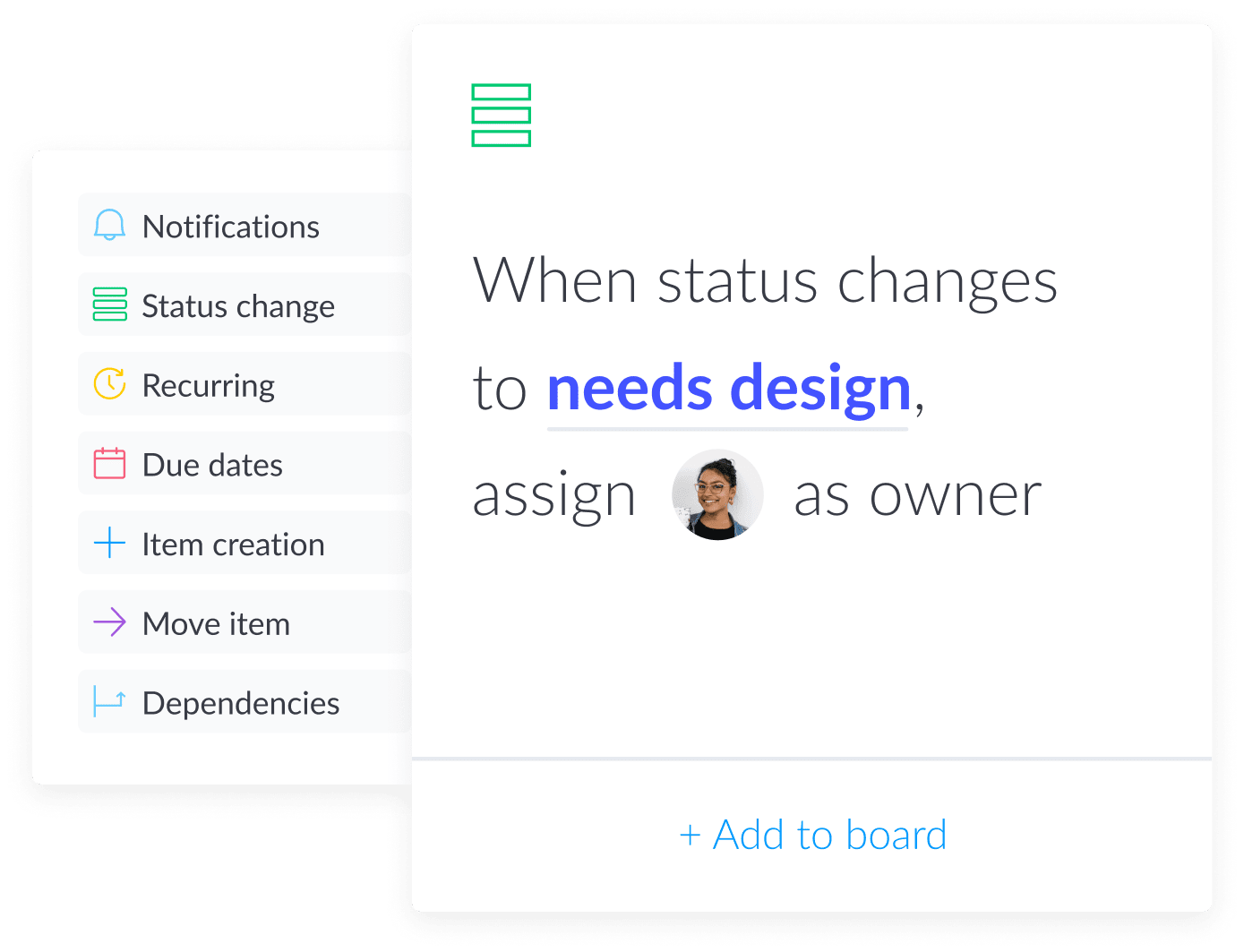 Automation types, the main one is "When status changes to need design assign person as owner