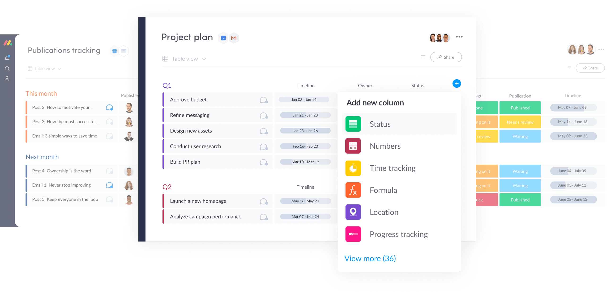 Three different boards that display the column types: Status, Numbers, Location, etc.