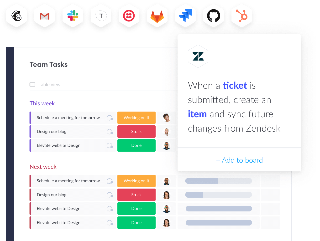 ״Team tasks" board with integrations