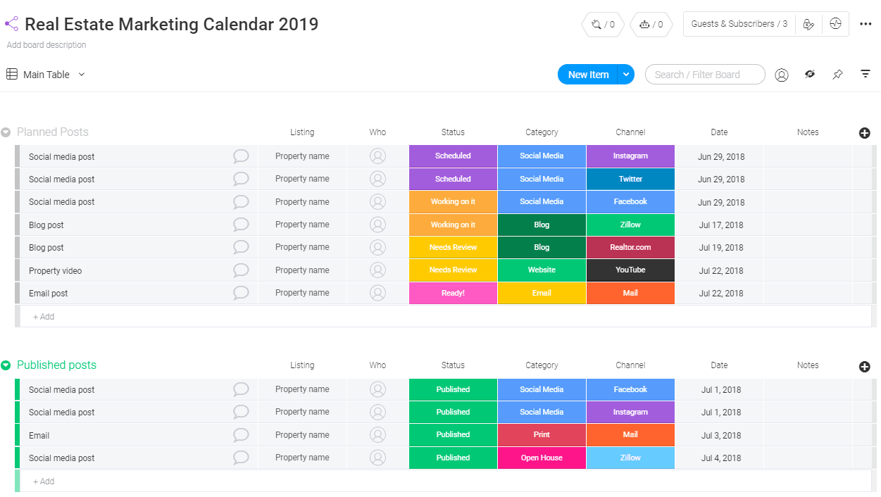 Real Estate Marketing Calendar Template monday com