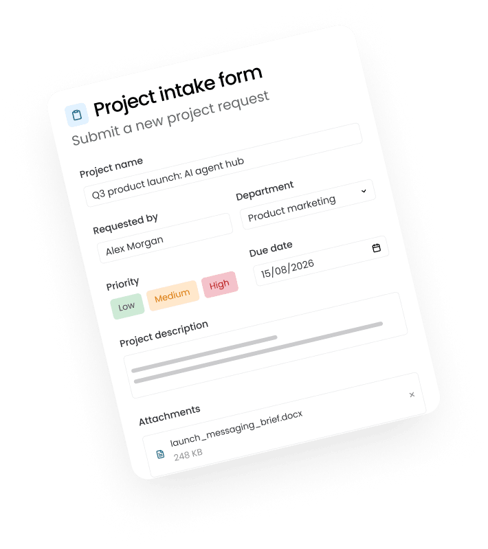 Project intake form card for a Q3 product launch request