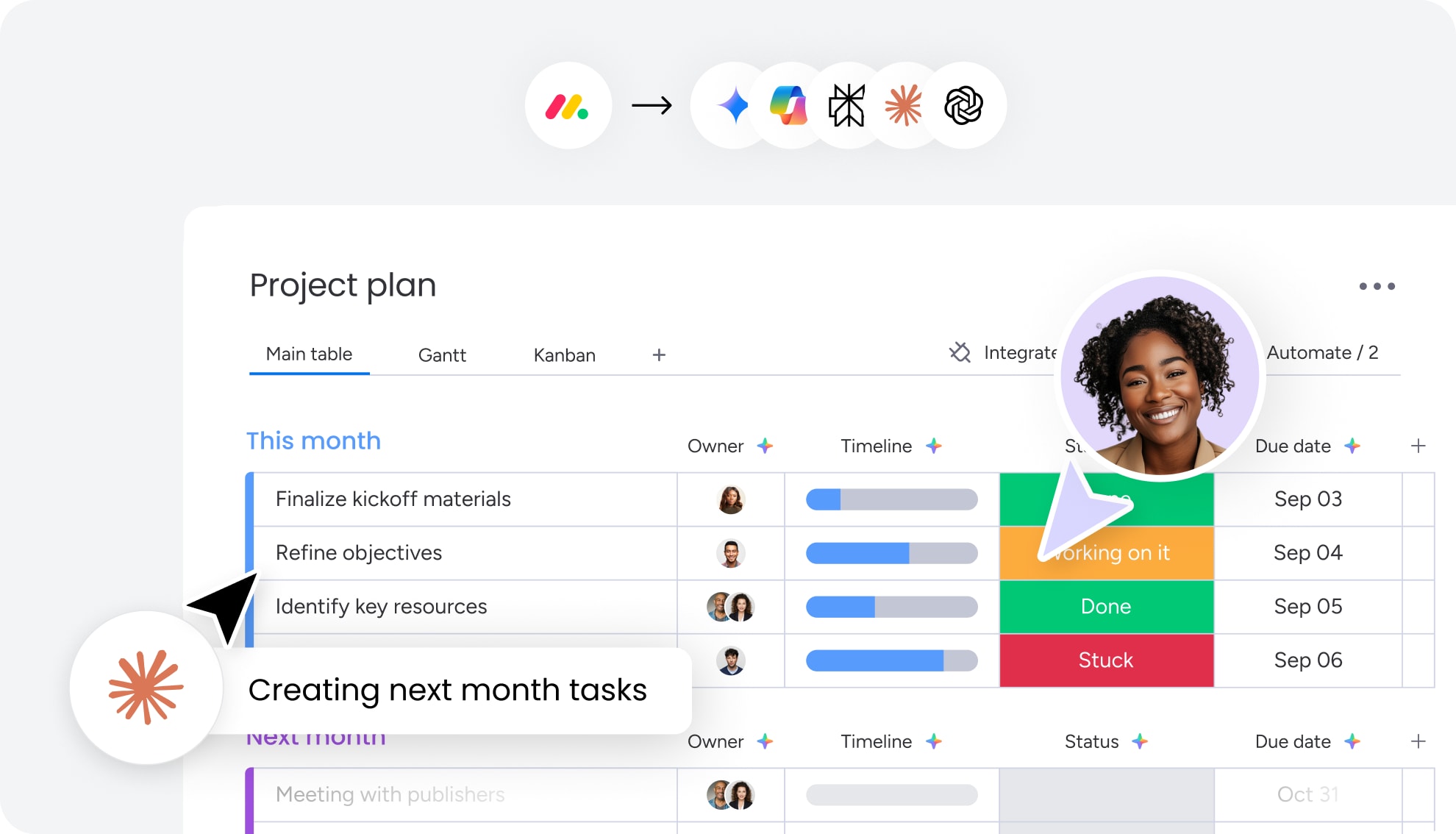 Project board with an AI agent creating next month's tasks