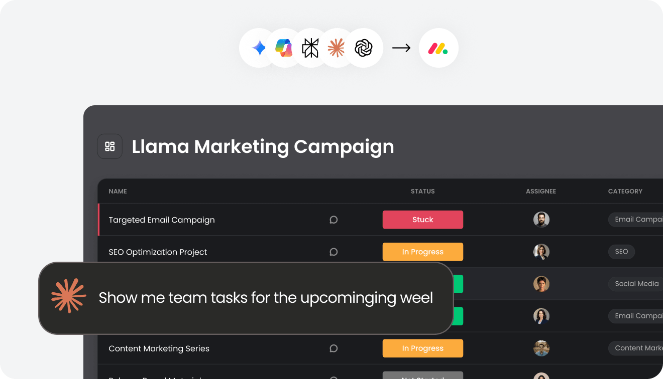 Marketing campaign board with an AI agent prompt asking to show team tasks for the upcoming week