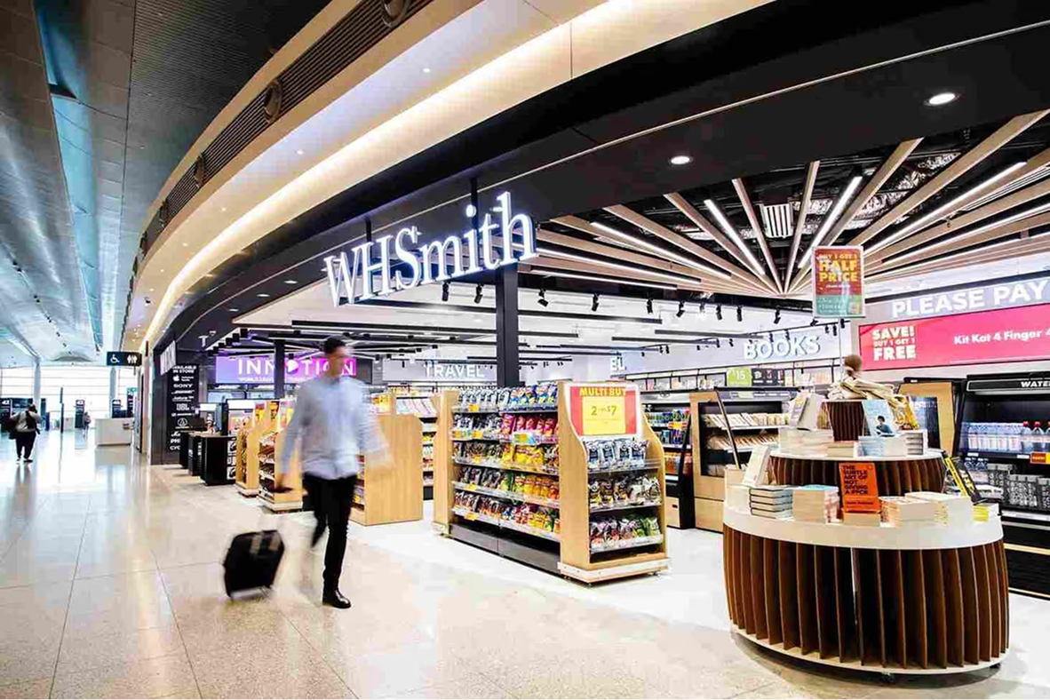 Customer testimonial background — WHSmith store interior