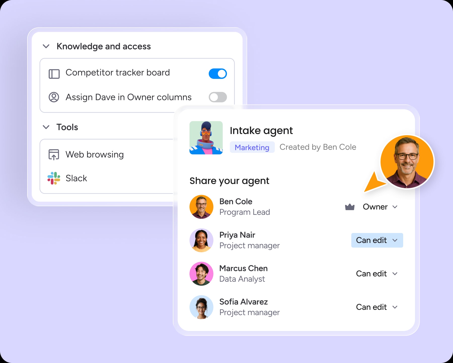 Agent permissions and sharing UI mockup — knowledge and access toggles, share-agent avatar list with roles
