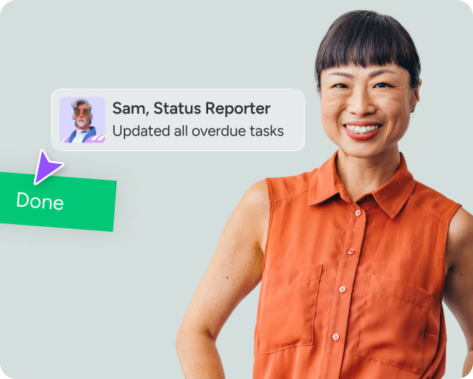 Woman smiling, with a floating 'Sam, Status Reporter — updated all overdue tasks' card and a green Done status tag overlay