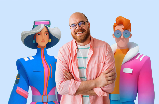 Smiling man with glasses, arms crossed, standing between two colorful 3D AI agent characters on a light blue background