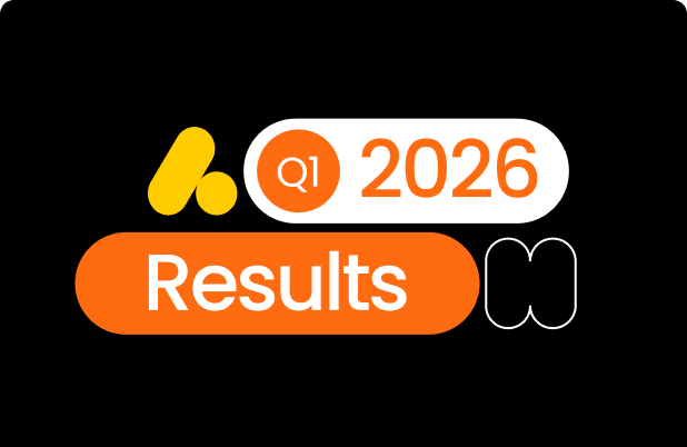 Q1 2026 Results graphic: rounded pill labels and a stylized monday mark