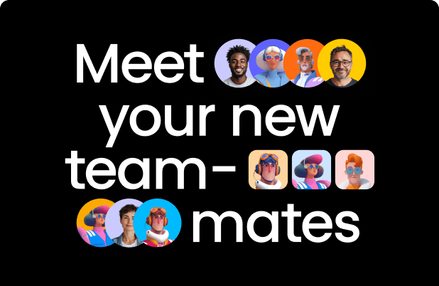 “Meet your new team-mates” banner with circular avatar portraits on a black background