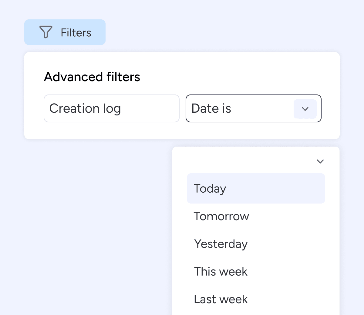 Ability to filter by the date of creation log and last update columns