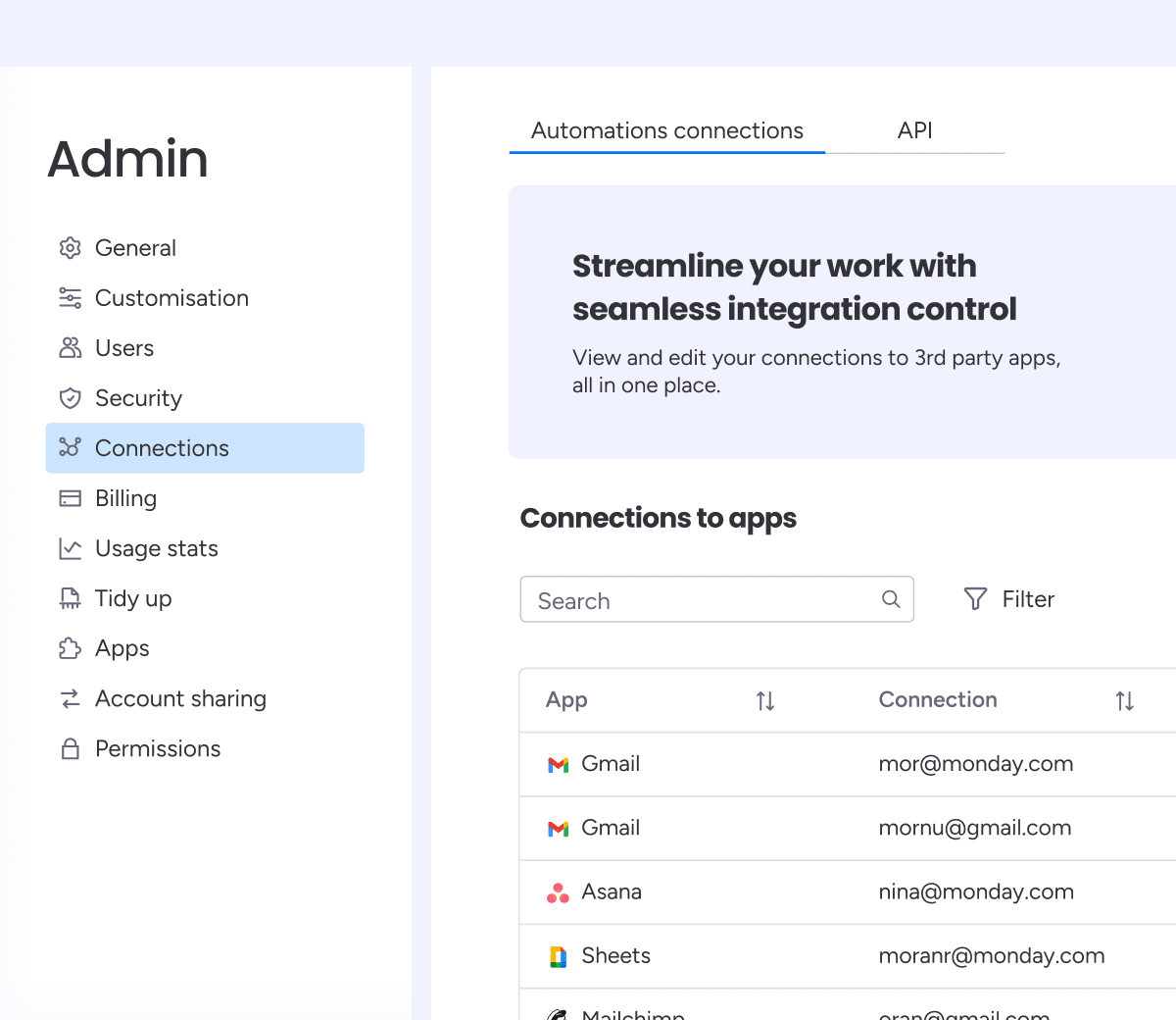 Automations Connection Management Page board and admin level