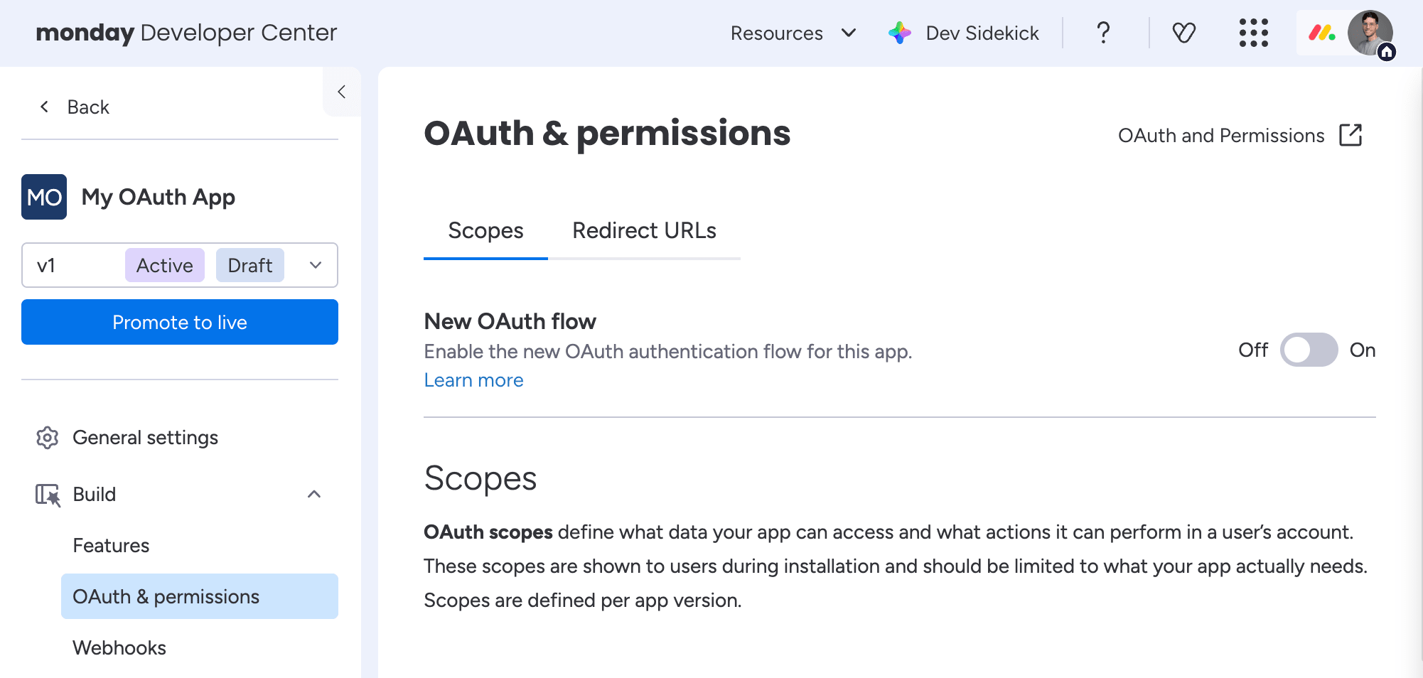 Enable the New OAuth flow toggle in the OAuth & permissions tab of the Developer Center