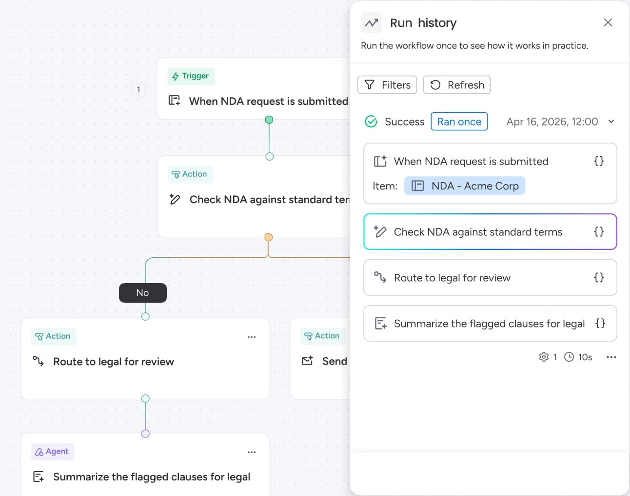 A step-by-step log of everything a workflow run did