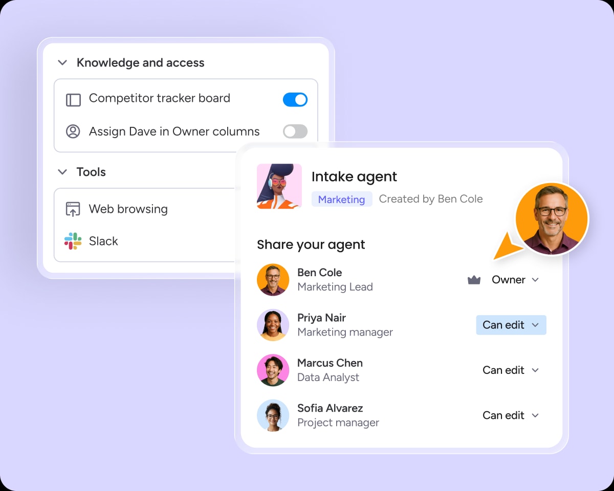 Agent permissions and sharing UI mockup — knowledge and access toggles, share-agent avatar list with roles