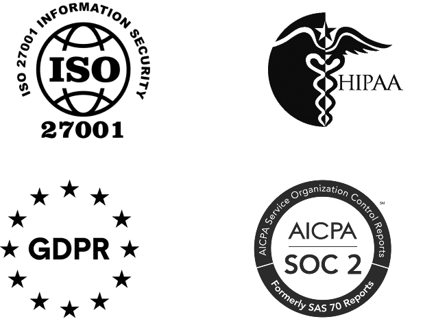 ISO 27001, HIPAA, GDPR, and AICPA SOC 2 compliance badges