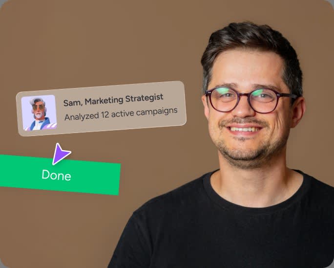Man smiling, with a green Done status tag and arrow overlay